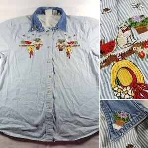VTG Pinstripe Denim Top Embroidered Cats Buttons L